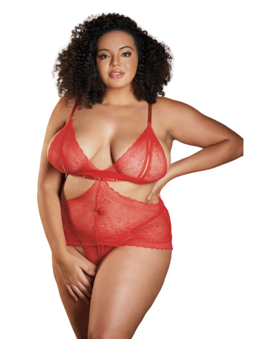 Camisón de encaje rojo talla grande con tanga abierto ROSIE - 17-6002XR