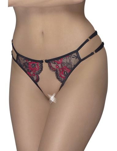 Culotte ouverte en fine dentelle florale rouge et noire - R23221451101