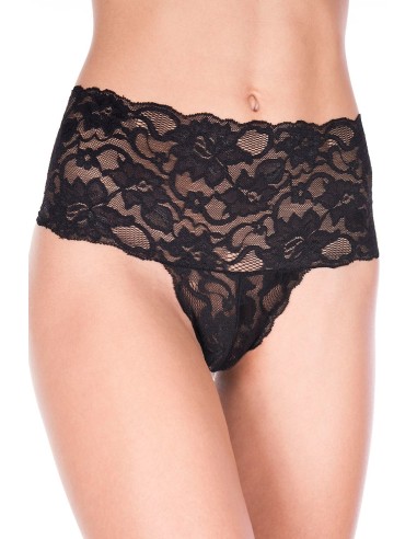 Tanga negro de cintura alta con banda ancha de encaje floral - ML10021BLK