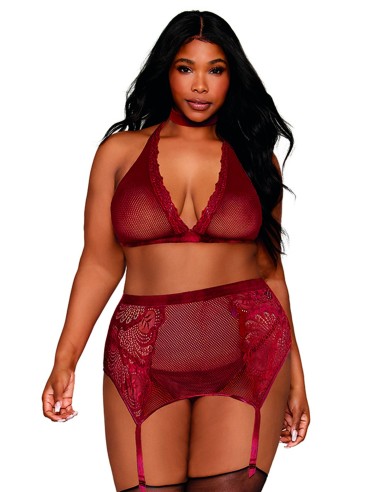 4-piece large size bra, choker, thong and red suspender set - DG11776XGAR