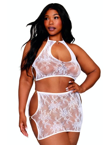 2-delige plus size top en rok in wit fantasievisnet - DG13309WHT