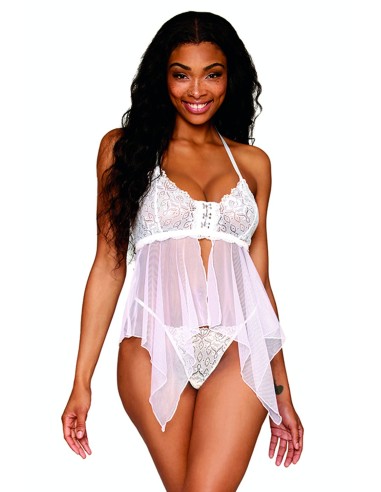 Babydoll y tanga de rejilla y encaje blanco - DG13314WHT