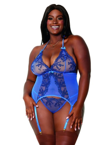 Conjunto de 2 piezas con liguero y tanga bustier azul talla grande - DG12957XPER