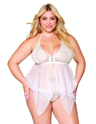 Babydoll y tanga talla grande en rejilla y encaje blanco - DG13314WHT