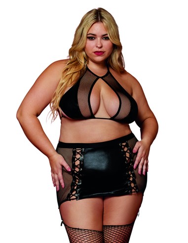 Plus size bra and suspender skirt in fishnet and imitation leather - DG13290XBLK