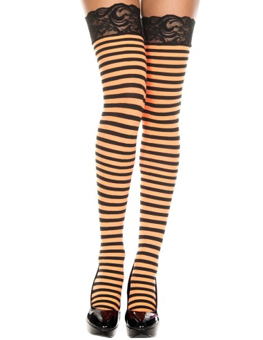 Black orange striped hold ups with lace garters - MH4740BKO