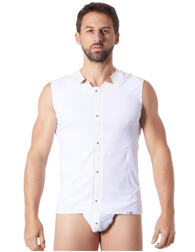 V-shirt débardeur blanc satiné avec bandes style cuir et dos avec transparence - LM807-77WHT