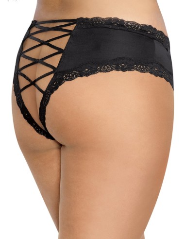 Large size black satin tanga with openwork lace borders on the buttocks - DG1434XBLK