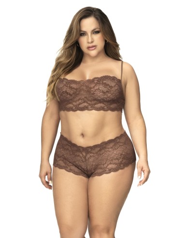 Conjunto de 2 piezas de encaje grande, top sin tirantes y shorty color cacao - MAL206XCOCO