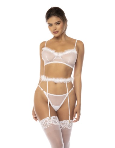 Conjunto 3 piezas Emmie blanco, sujetador, liguero con piel sintética y tanga a juego - MAL8841WHT