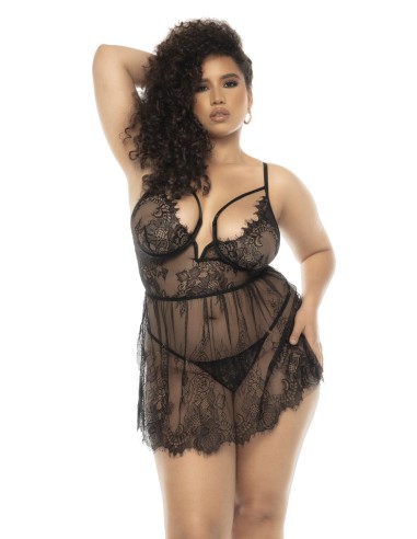 Selma large size black nightie, in lace, with underwire and matching thong included - MAL7550XBLK