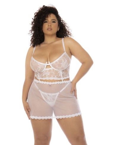 2 in 1 Nightie and 2-piece plus size set in lace and sheer mesh - MAL7544XWHT