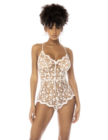 Celina sheer white bodysuit with floral embroidered lace, adjustable straps - MAL7543STWT