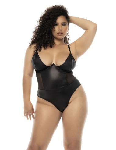 Grote maat Bibi bodystring in zwarte wetlook met beugel, verstelbare bandjes - MAL2752XWBLK