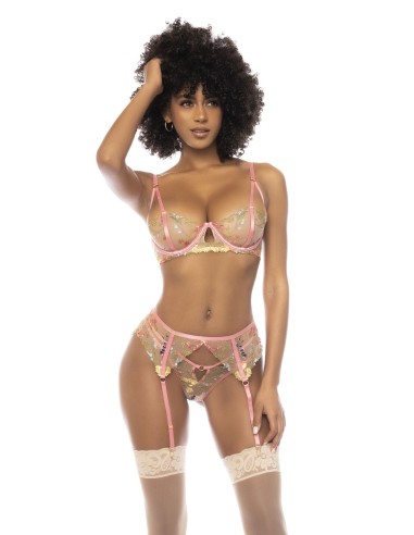 3-piece set with floral embroidered lace, underwired bra, garter belt and matching thong -...