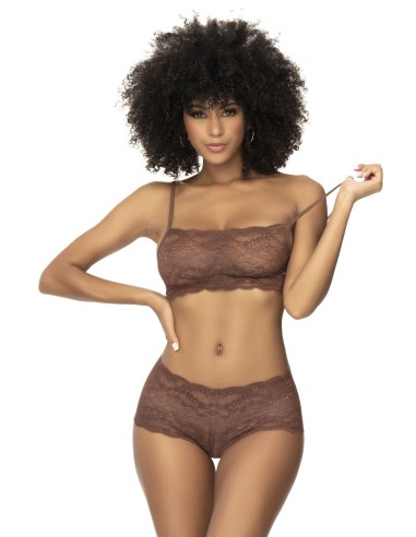 2-piece lace set, strappy top and cocoa-colored shorty - MAL206COCO