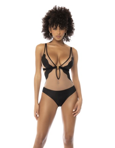 Black and flesh Flora bodysuit, with fine transparent fishnet, adjustable straps - MAL2746NUKB