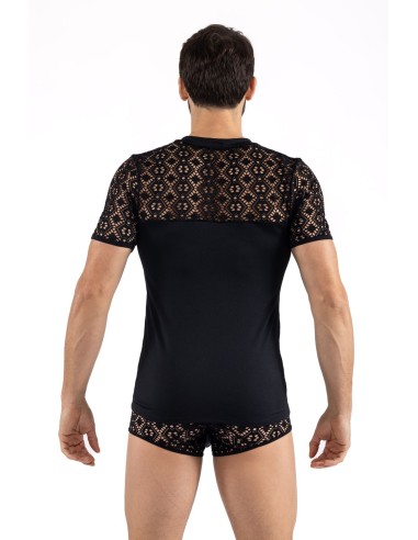 Shinny black embroidered fishnet t-shirt - LM2407-81BLK