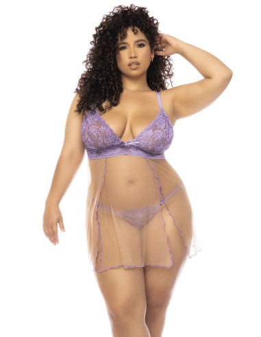 Verona large size lavender and flesh colored nightie, in lace and transparent fishnet - MAL7540XLLCN