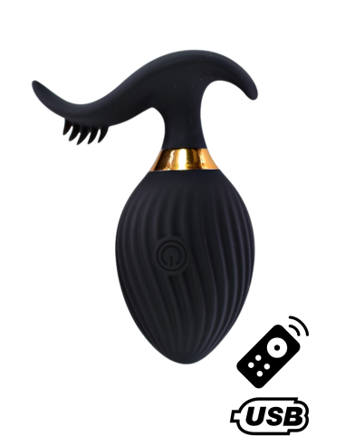 WAVE, Un huevo vibrador USB negro con estimulación del clítoris, equipado con mando a distancia - B54BLK