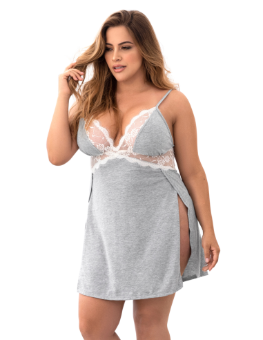 Large size gray cotton nightie with side slits and white lace finish - MAL7313XGREY