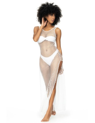 Robe de plage en grosse résille blanche - MAL77013WHT