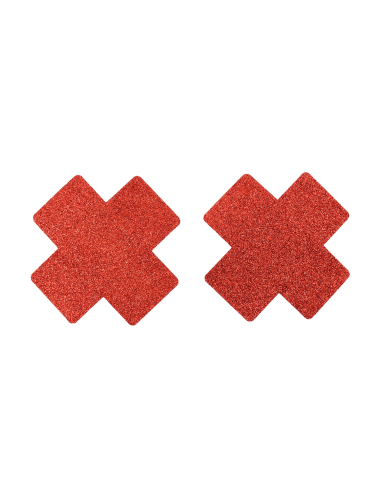 Pair of red glittery cross adhesive nipple covers - NP-1048RED