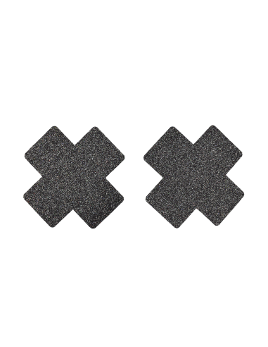 Pair of black glittery cross adhesive nipple covers - NP-1048BLK