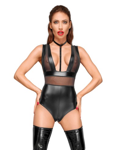 F183 Powerwetlook body with wide straps, tulle inserts and velvet choker