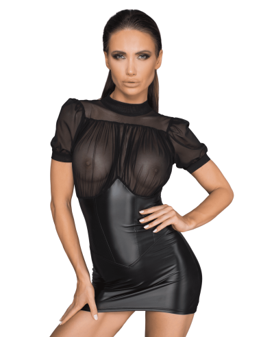 F204 Mini dress with tulle top, puff sleeves and corset element