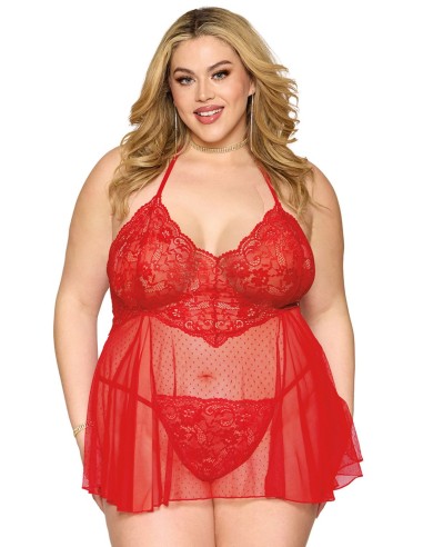 Camisón rojo talla grande de rejilla y encaje floral, tanga a juego - DG13524XRED