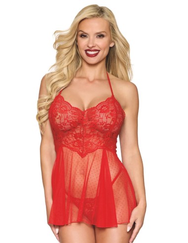 Red fishnet and floral lace babydoll with matching thong - DG13524RED