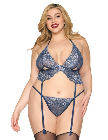 Plus Size Blue Floral Lace Garter Belt and Thong - DG13522XBLU