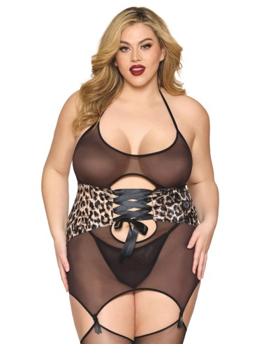 Plus size fine fishnet corset with lace-up waist cincher and garter belt - DG13520XBLK