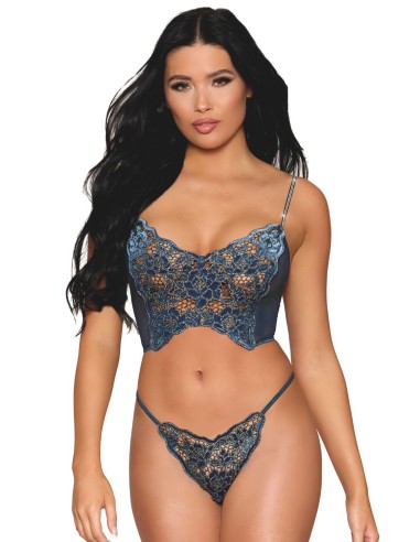 Bustier de encaje floral y rejilla con strass y tanga a juego - DG13492BLU