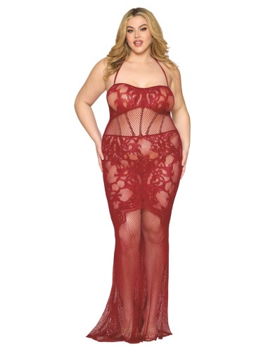 Plus Size Red Fishnet Long Nightie - DG0487XRED