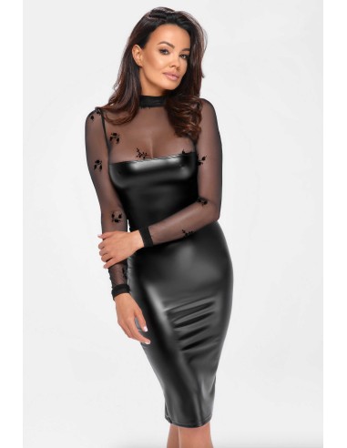 F310 Sublime midi dress in wetlook and flocked mesh